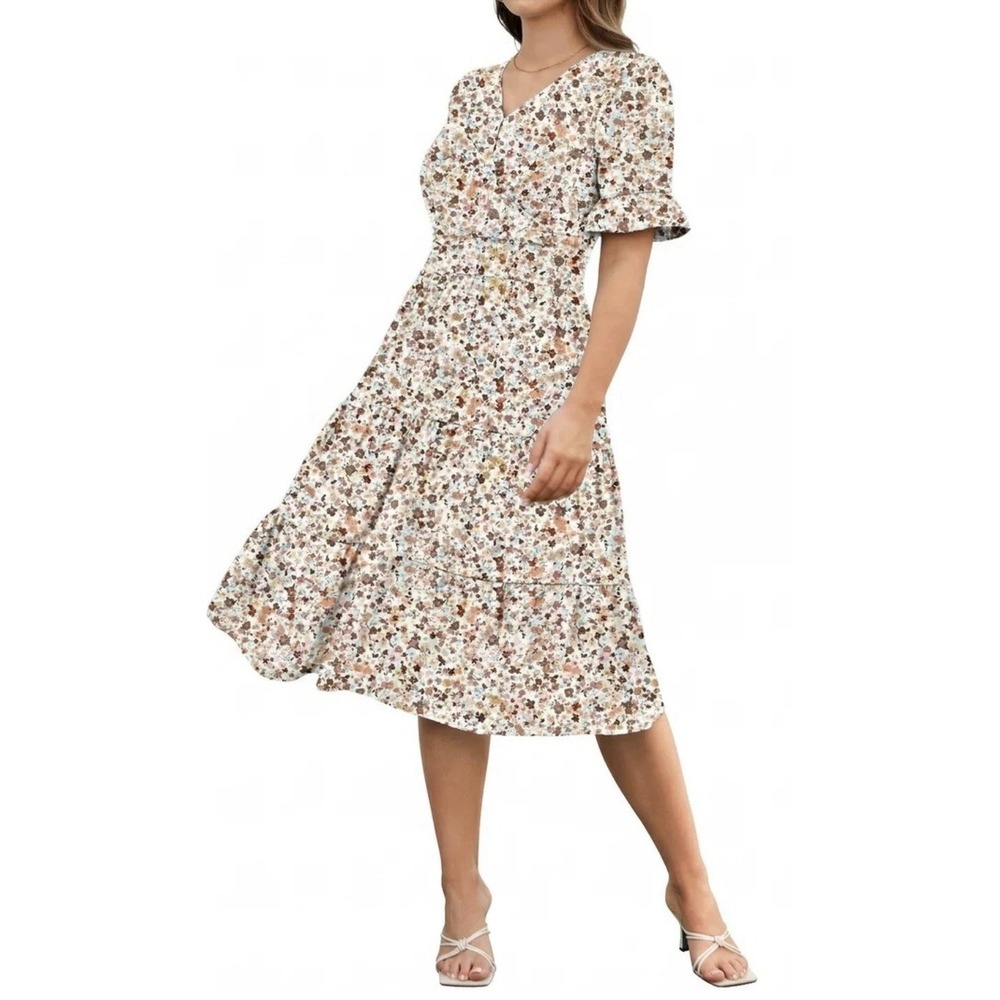 Bohemian Tiered Floral Midi Dress Sz M Pink Yellow V Neck Short Sleeve Prairie